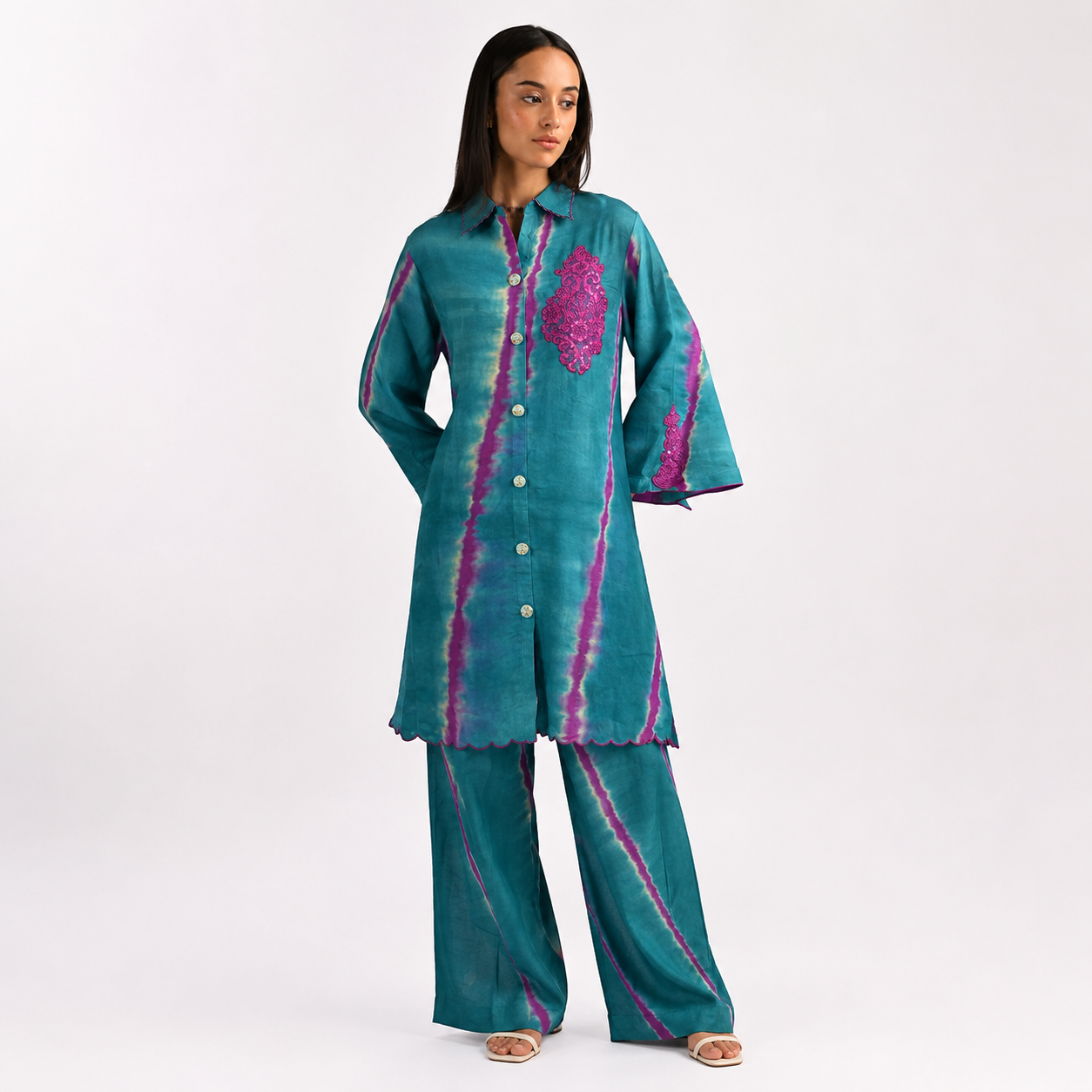 Teal & Fuchsia Tie-Dye Embroidered Tunic Set